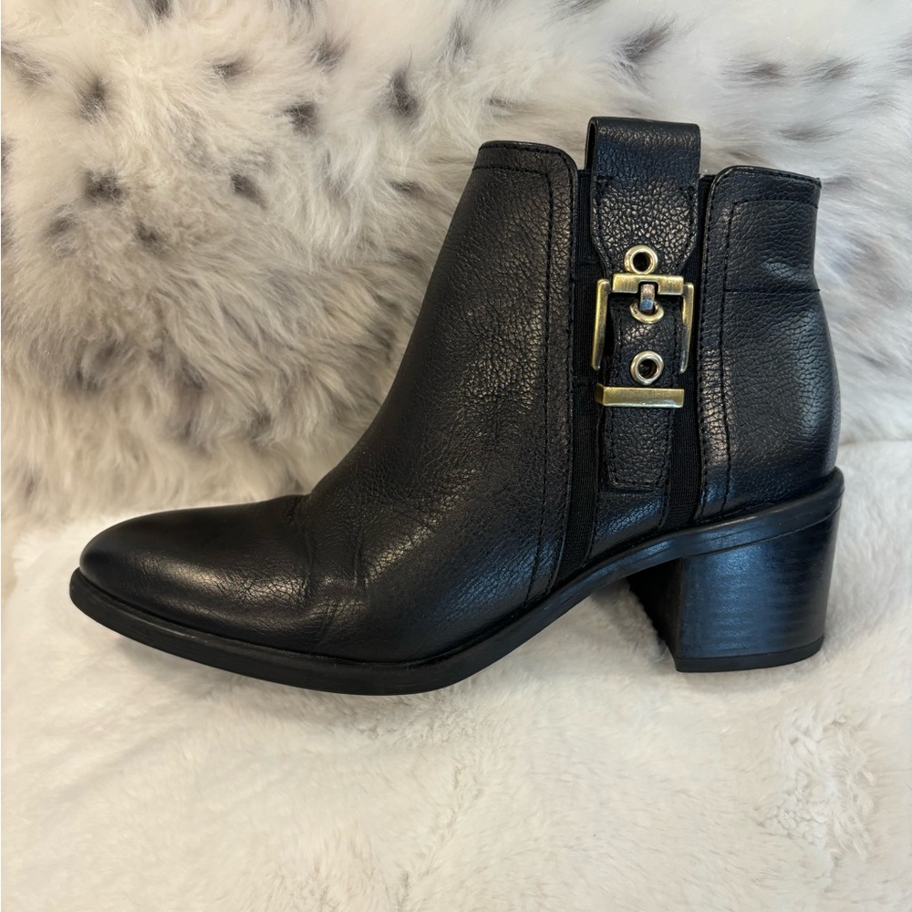 Franco Sarto women’s Eminent black bootie with gold buckle size 6.5